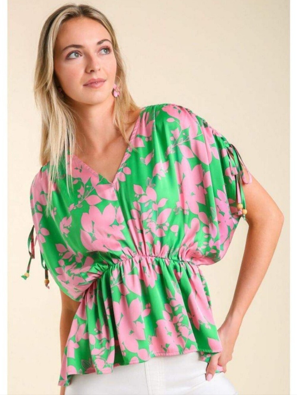 Umgee Green Pink Floral Tie Sleeve Peplum Blouse Top Size L NWT NEW